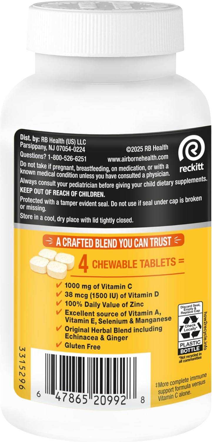 Airborne Citrus Chewable Tablets, 116ct | Immune Support Supplement with 1000mg Vitamin C + Vitamins A, D, E, Zinc,Selenium, & Manganese | Herbal Blend | Gluten Free - Image 13