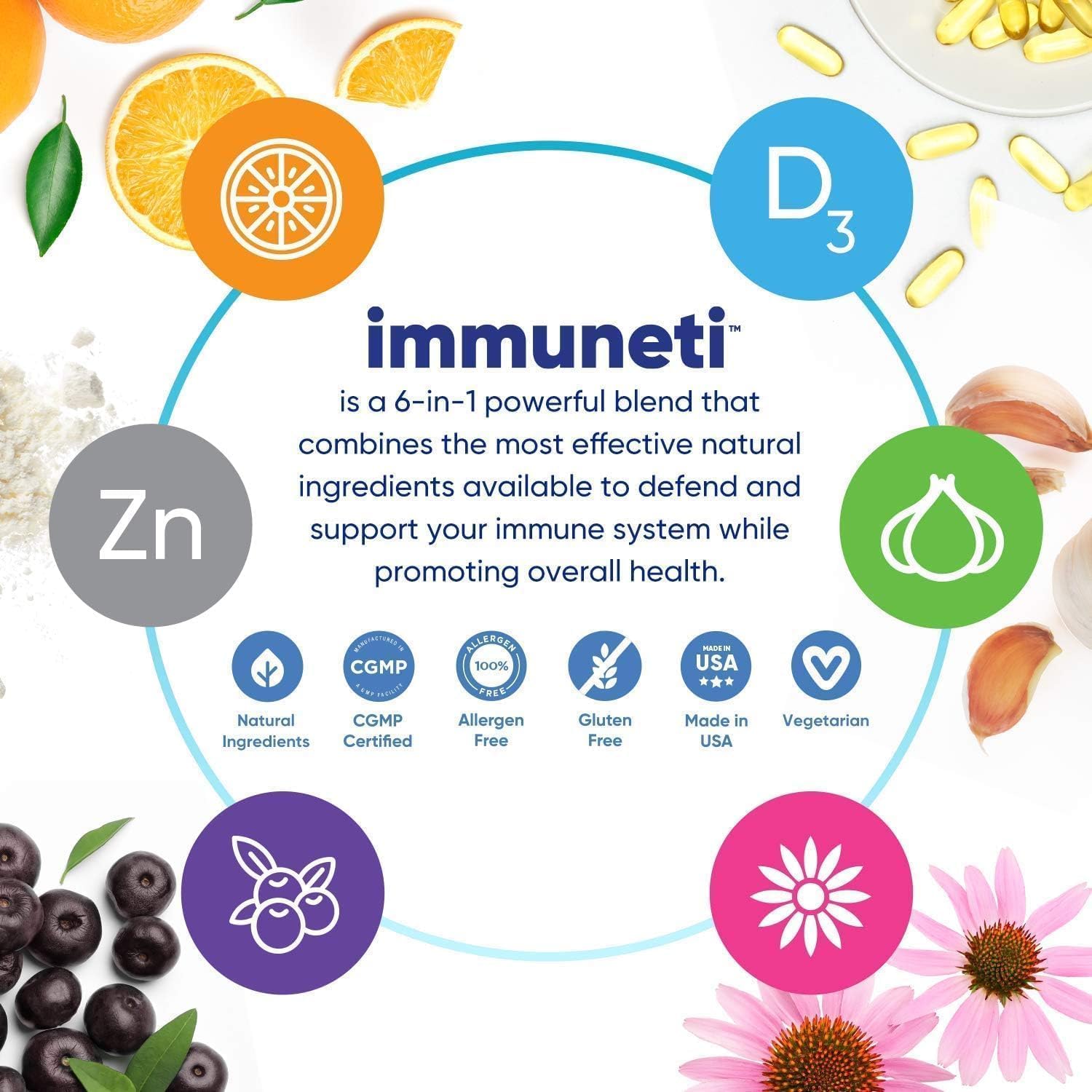 Immuneti Advanced Immune Support – Doctor Formulated 6-in-1 Daily Immunity Supplement – Made in USA – With Vitamin C, D3, Zinc, Elderberry, Garlic & Echinacea - Vital Nutrients & Antioxidants (1) - Image 3