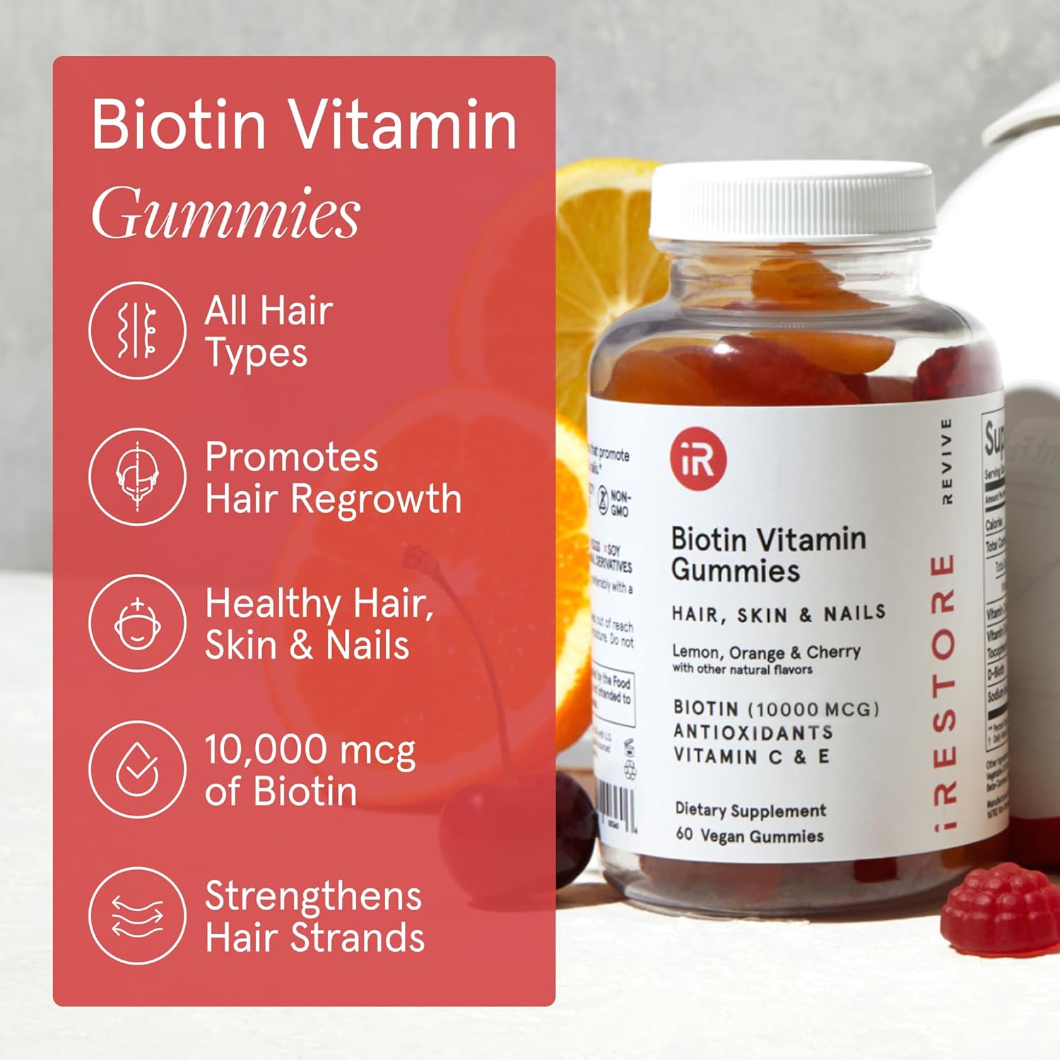 iRestore Biotin Gummies 10,000 mcg - 3 Natural Fruit Flavors, Hair Vitamins Multi Supplement for Hair Skin and Nails for Women & Men, 60 Vegan Gummies, 30 Day Supply - Image 8