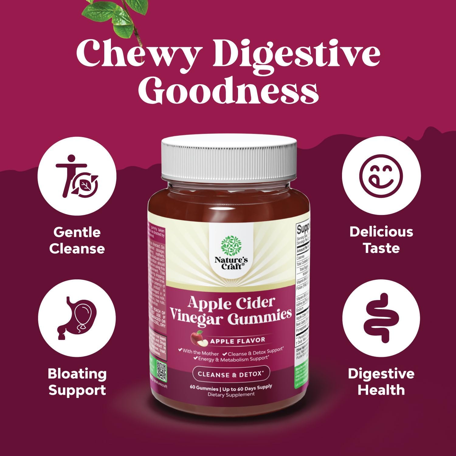 Apple Cider Vinegar Gummies with the Mother-Natural Energy Supplement ACV Gummies with Mother for Body Cleanse Immune Support and Gut Health-Delicious Gummy ACV Supplement with Beet Root Powder 2 pack - Image 3