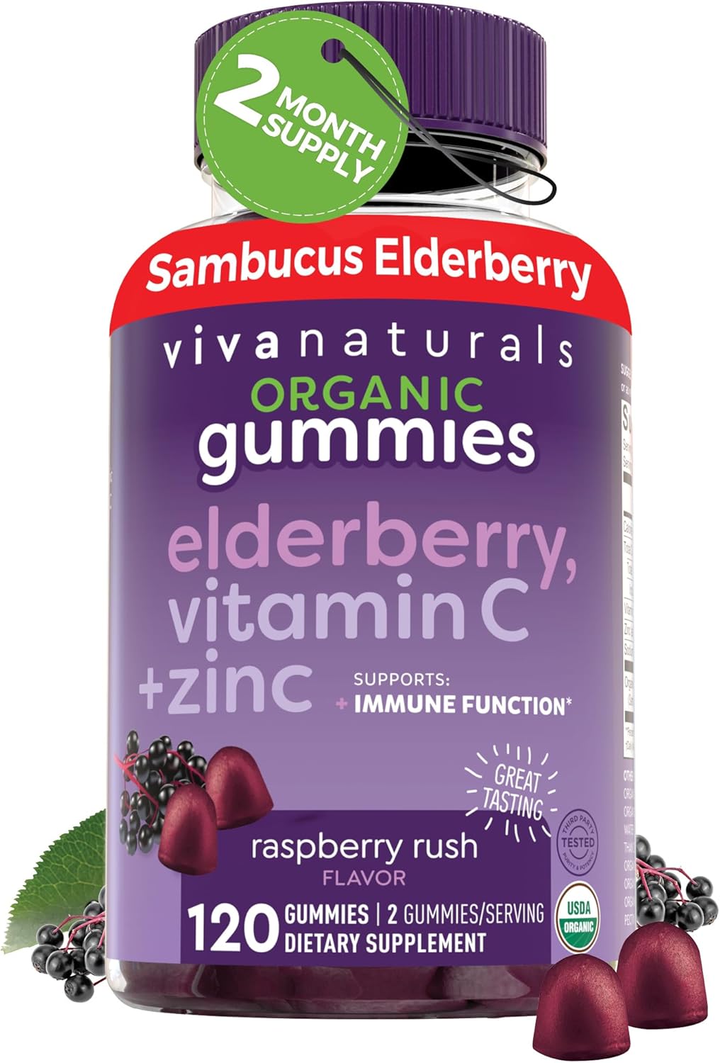 Elderberry Vitamin C and Zinc Immune Support Gummies , Made of 150mg Black Elderberry Per Serving for Adults, Sambucus Elderberry Gummies with Raspberry Rush Flavor, USDA Organic, Non-GMO, (120 Count)