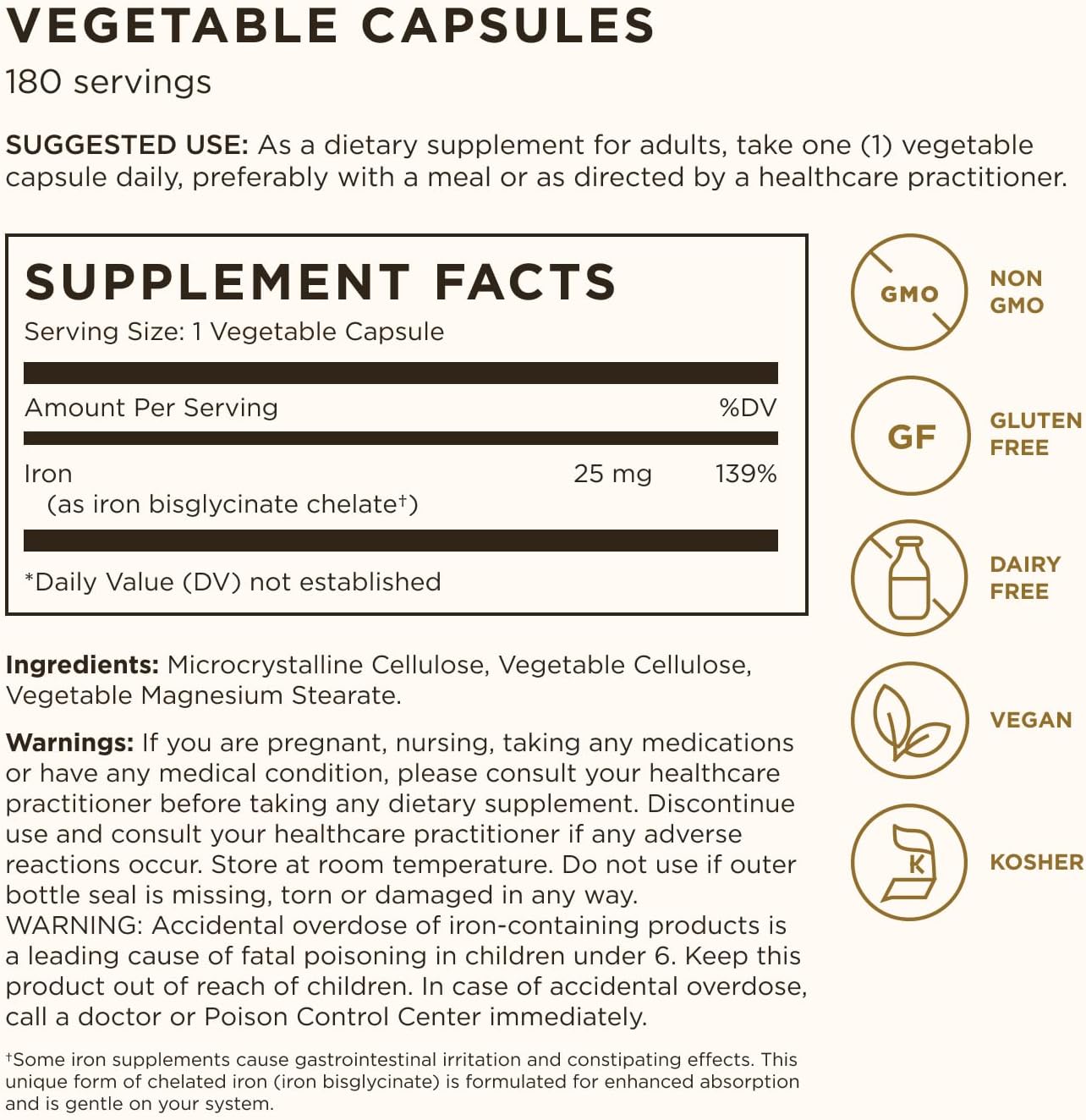Solgar Gentle Iron, 180 Vegetable Capsules - Ideal for Sensitive Stomachs - Non-Constipating - Red Blood Cell Supplement - Non GMO, Vegan, Gluten-Free, Dairy Free, Kosher - 180 Servings - Image 3