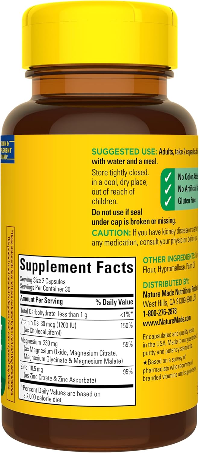 Nature Made Magnesium Complex Supplement with Vitamin D & Zinc for Immune Support, Magnesium Glycinate, Malate, Citrate & Oxide for Muscle, Nerve, Heart & Bone Support, 60 Capsules, 30 Day Supply - Image 9