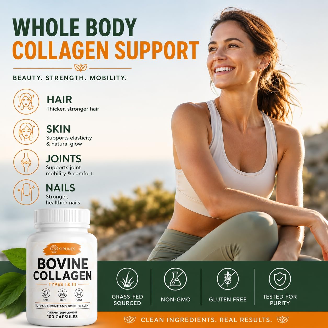 SIRUNES Bovine Collagen Supplements for Men and Women I Hydrolyzed Grass Fed Bovine Collagen Peptides Dietary Supplement for Joint, Nerve & Bone Support - Non-GMO, Anti-Aging - 100 Capsules - Image 3