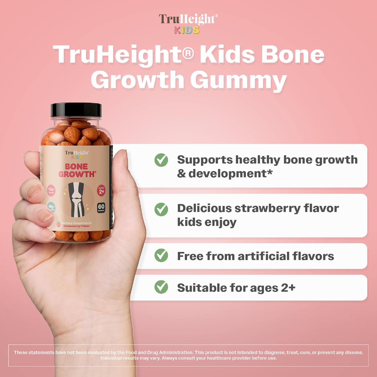 TruHeight Kids Bone Growth Gummies (Strawberry, Ages 2+) Tall Nutrition for Natural Growth for Kids & Toddlers - Vitamin D, Calcium, K, Magnesium Multivitamin, Bone Strength Vitamins, D3 K2, Taller - Image 2
