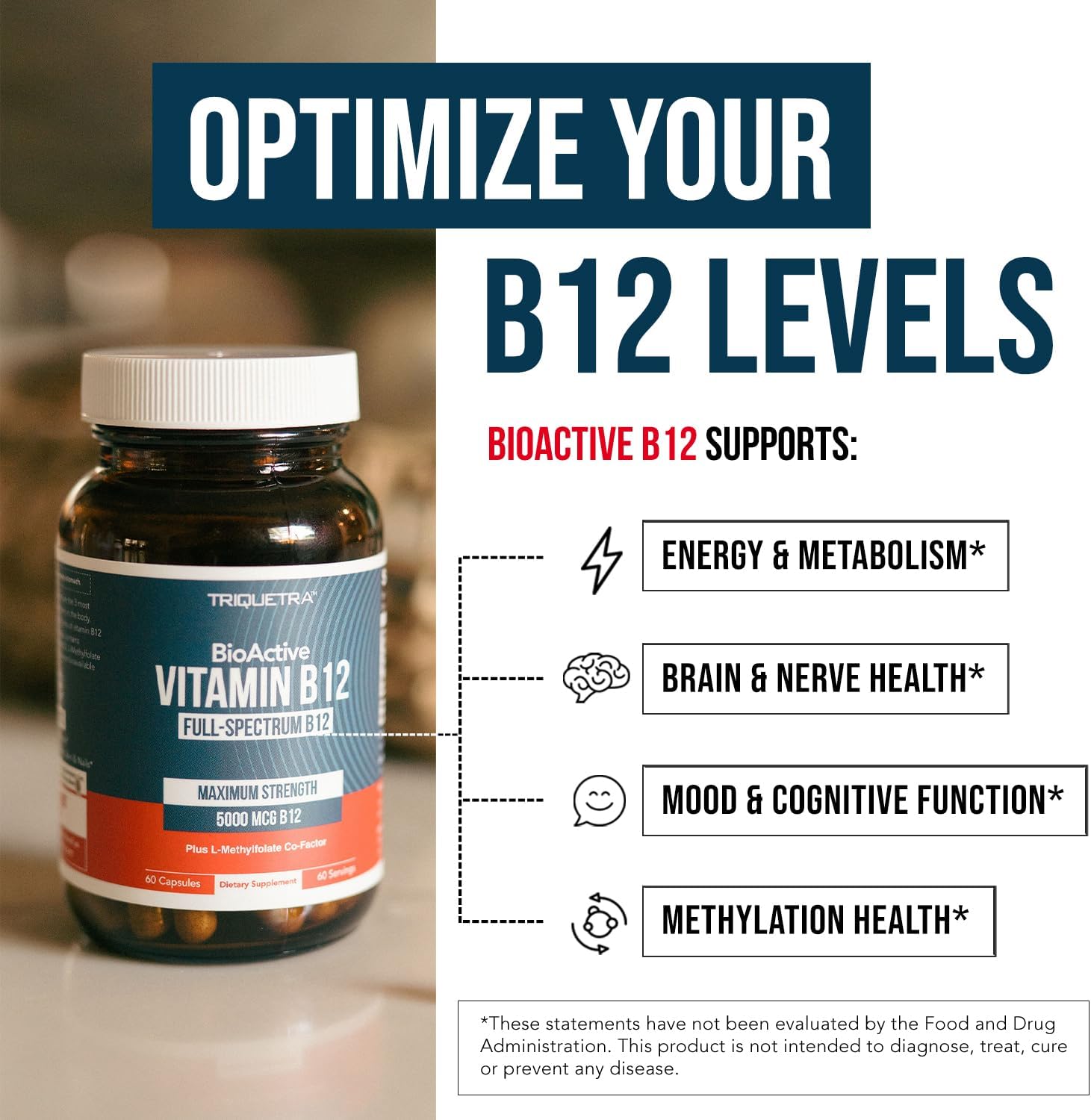 BioActive Vitamin B12 - 5000 mcg, Contains 3 BioActive Forms B12 Plus Methylfolate Cofactor - Methyl B12, Adenosyl B12 & Hydroxy B12 | Supports Energy, Metabolism & Mood | Vegan, Non-GMO (60 Servings) - Image 5