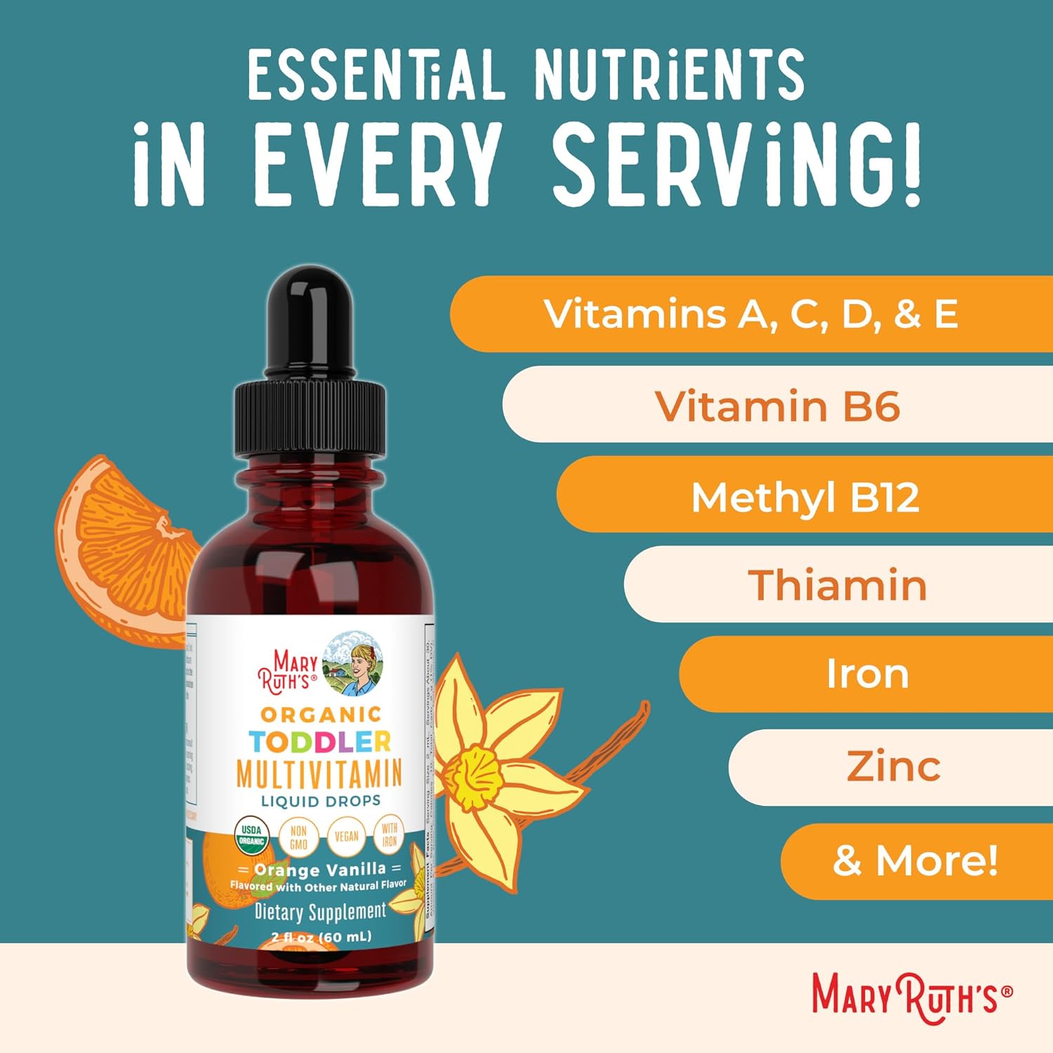 MARYRUTH'S Organics Multivitamin & Multimineral with Iron for Toddlers | USDA Organic | Sugar Free | Multivitamin Liquid Drops for Kids Ages 1-3 | Immune Support | Vegan | Non-GMO | 2 Fl Oz - Image 7