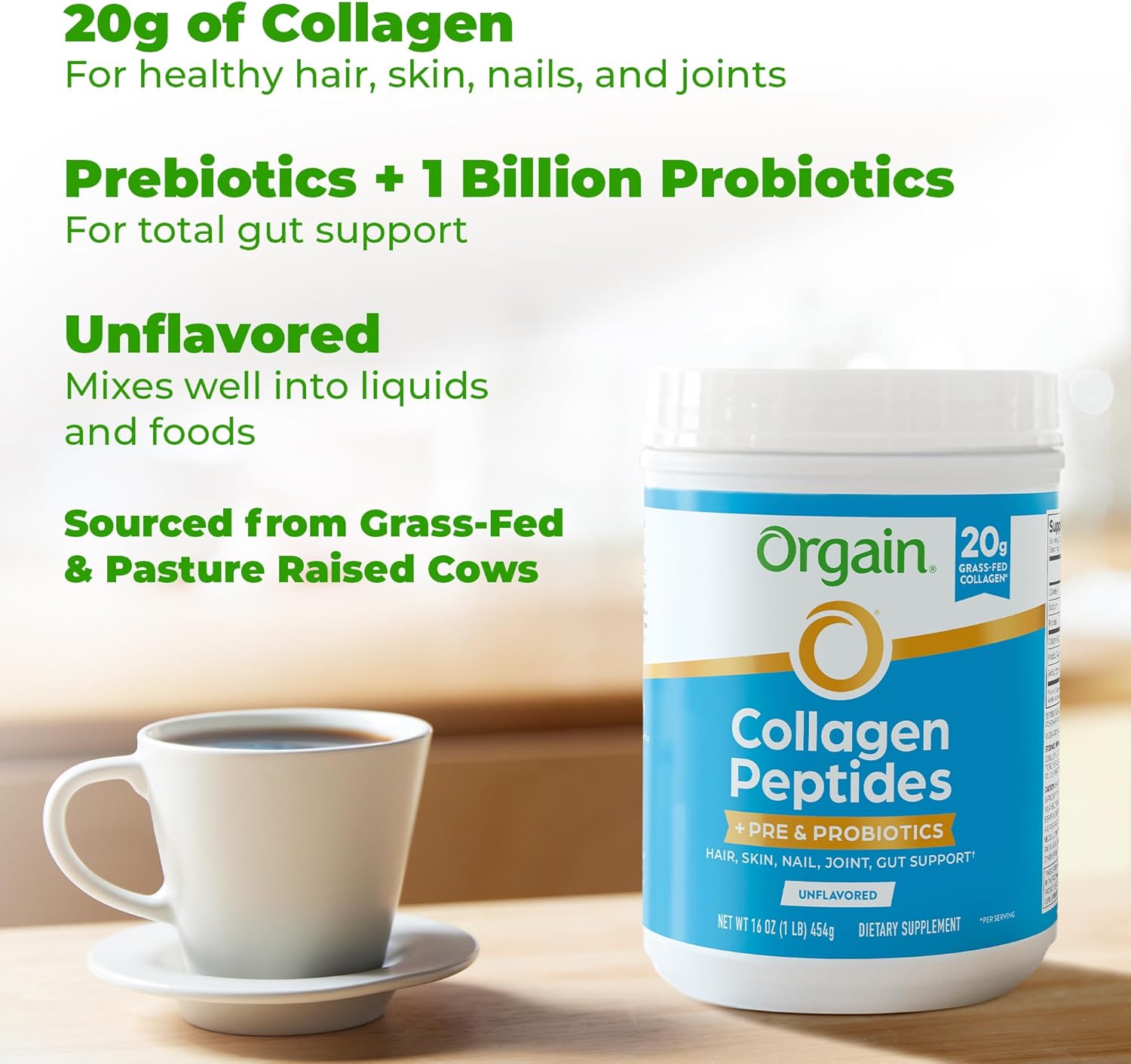 Orgain Hydrolyzed Collagen Peptides + Prebiotic & Probiotics Powder for Women & Men, 20g Grass Fed Collagen, 1 Billion CFU - Supports Digestive, Hair, Skin & Joint Health, Non-GMO, Type I & III, 1lb - Image 4