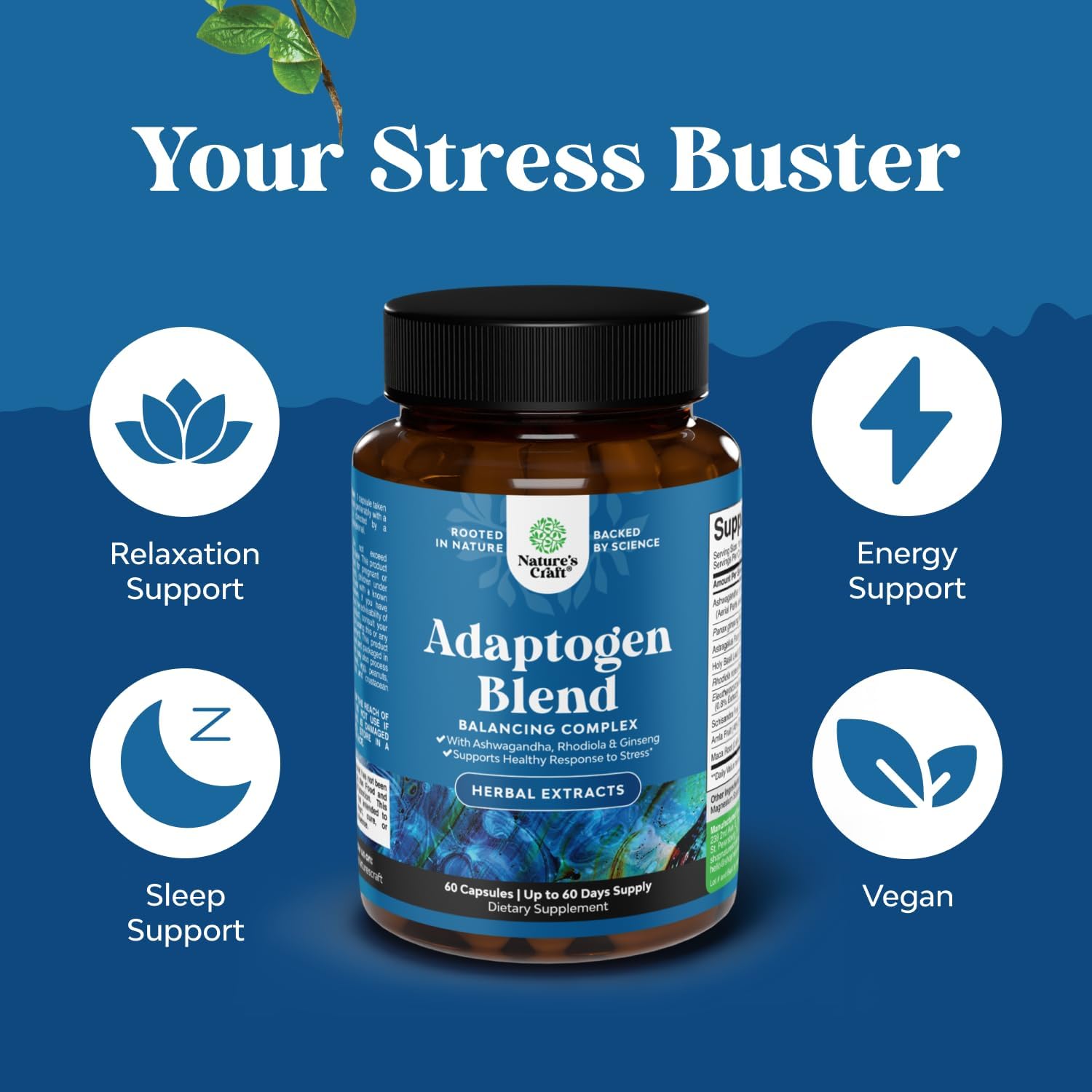 Herbal Adaptogen Mood Support Supplement - Calming Adaptogens Supplement for Stress & Cortisol Management with Ashwagandha Rhodiola Rosea & Maca Root - Vegan & Daytime Friendly - 60 Count - Image 4