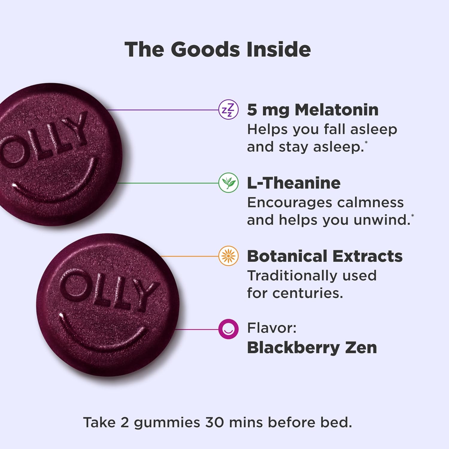 OLLY Extra Strength Sleep Gummy, Occasional Sleep Support Supplement*, 5 mg Melatonin, L-Theanine, BlackBerry Zen Flavor, 60 Day Supply - 120 Count (Packaging May Vary) - Image 3