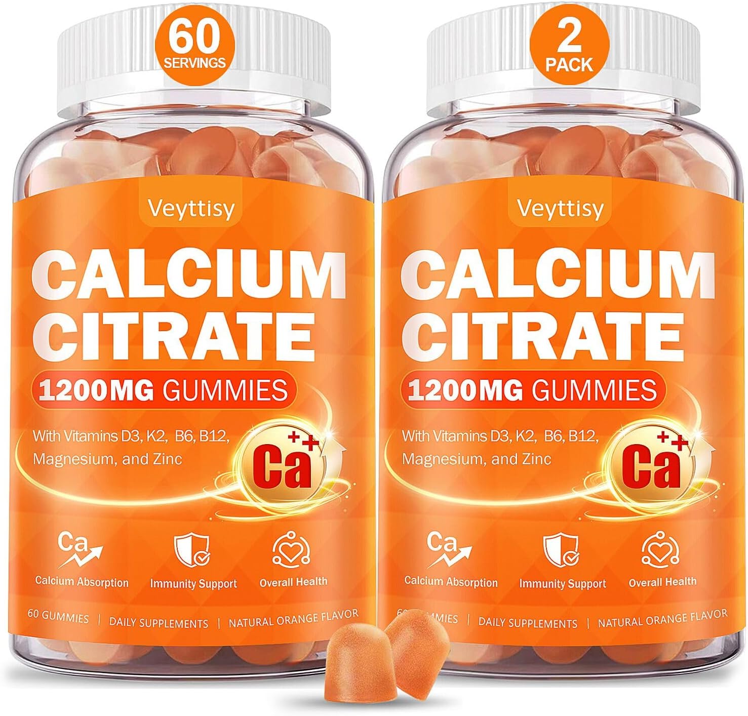 Calcium 1200 mg with Vitamin D3 Supplement for Adults - Calcium Gummies with 5000iu Vitamin D3, K2, B6, B12, Magnesium & Zinc - Calcium Supplement for Women Men - Easy to Digest, Vegan (2 pack)