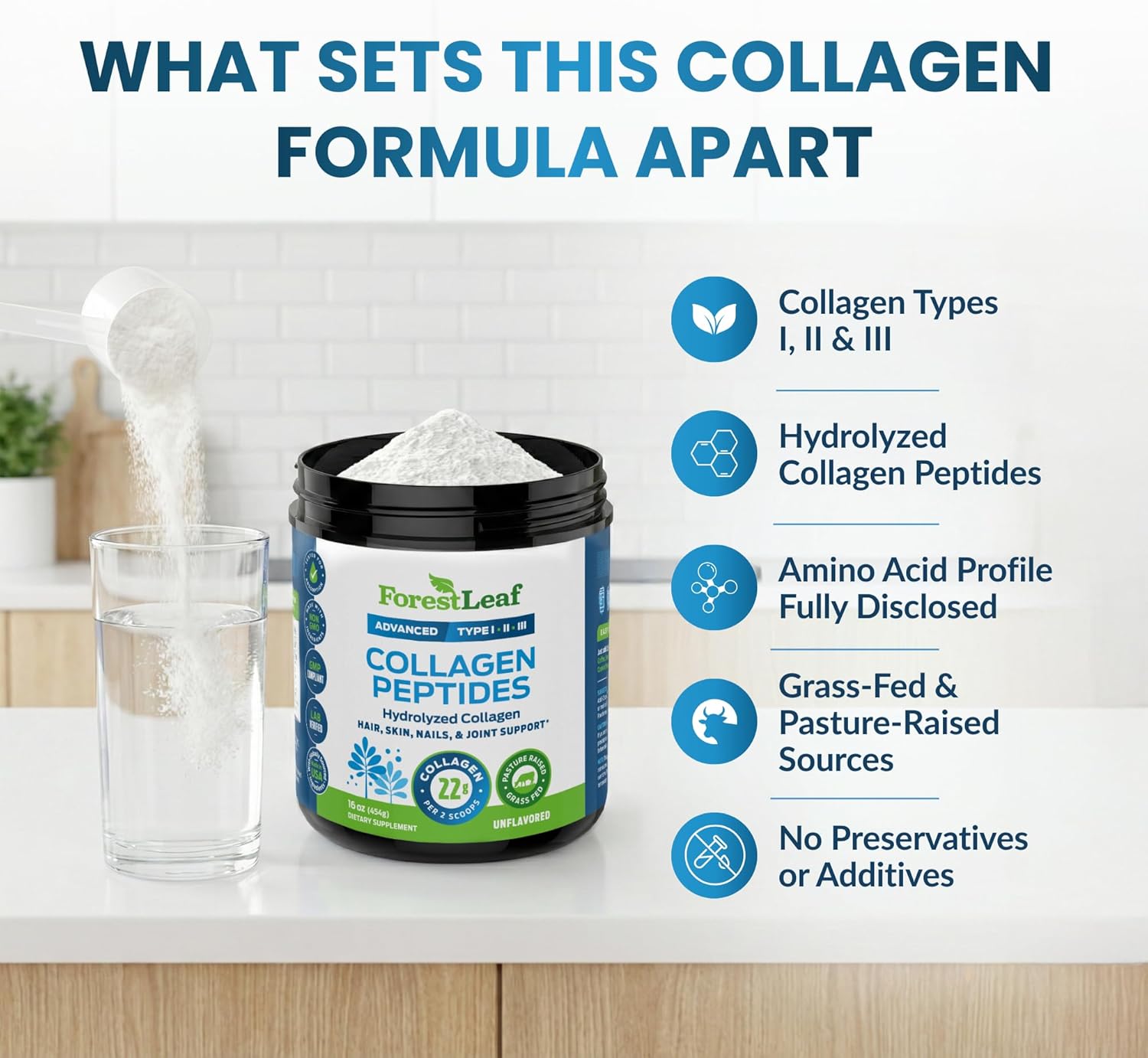 ForestLeaf Collagen Peptides Powder Unflavored - Hydrolyzed Grass Fed Keto Collagen Protein Powder Type 1, 2 & 3 - Vital Hair, Skin, Nails, Joints, Recovery, 11g Per Serving - Image 4