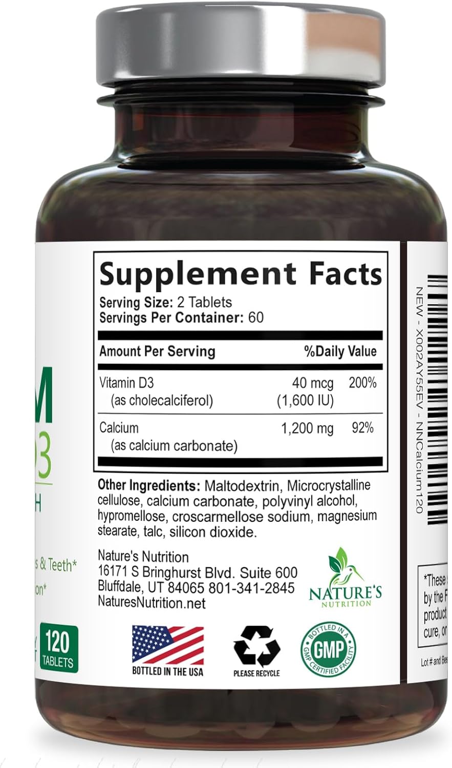 Calcium Supplement with Vitamin D3-1200 mg Calcium per Serving with D3 for Best Absorption - Supports Immune Health, Bones & Teeth - Nature's Calcium is Bottled in USA for Women & Men - 120 Tablets - Image 9