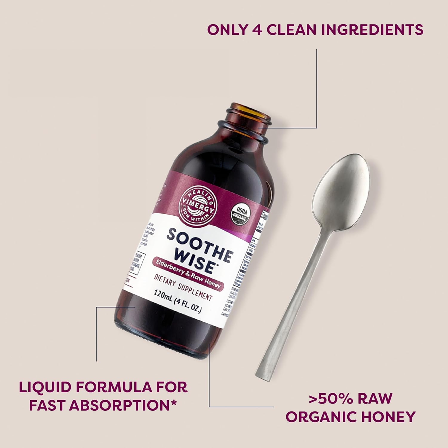 Vimergy Soothe Wise* – USDA Certified Organic – Immune Support with Elderberry & Honey – 24 5mL (1 TSP) Servings (940 mg Extract Per Serving) – Vegan, Paleo-Friendly, Gluten-Free (120 mL) - Image 3