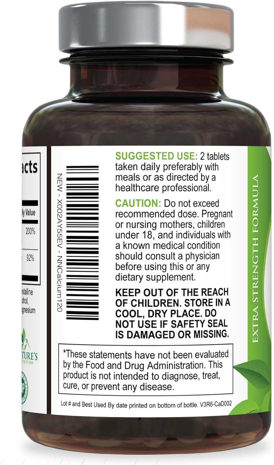 Calcium Supplement with Vitamin D3-1200 mg Calcium per Serving with D3 for Best Absorption - Supports Immune Health, Bones & Teeth - Nature's Calcium is Bottled in USA for Women & Men - 120 Tablets - Image 8