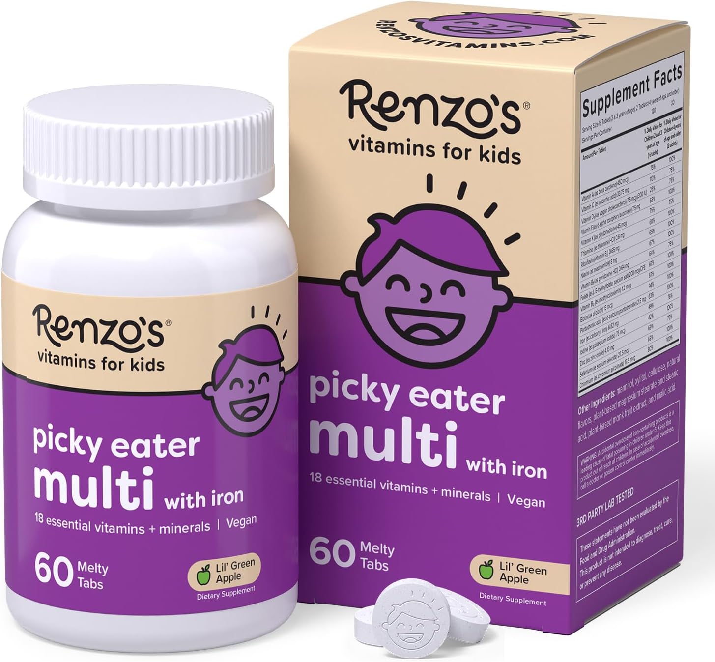Renzo's Picky Eater Kids Multivitamin with Iron - Dissolvable Kids Vitamins with Iron, Zinc, Vitamin C, Vitamin D, E & K, Sugar-Free Melty Tabs, Green Apple Flavor, 60-Count (1-2 Month Supply)