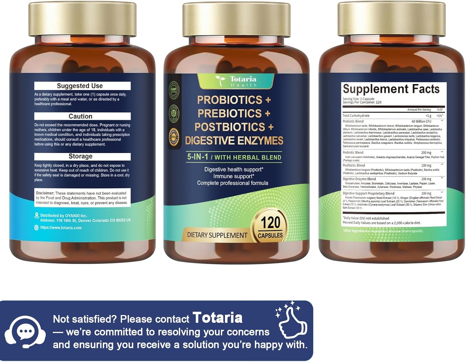 Totaria 5-in-1 Probiotic Prebiotic & Postbiotic for Women Men, 60 Billion CFU 24 Strains w/Digestive Enzymes, Prebiotic Fiber, Slippery Elm, Daily Complete Immune, Gut Health, 120 Day Supply - Image 9