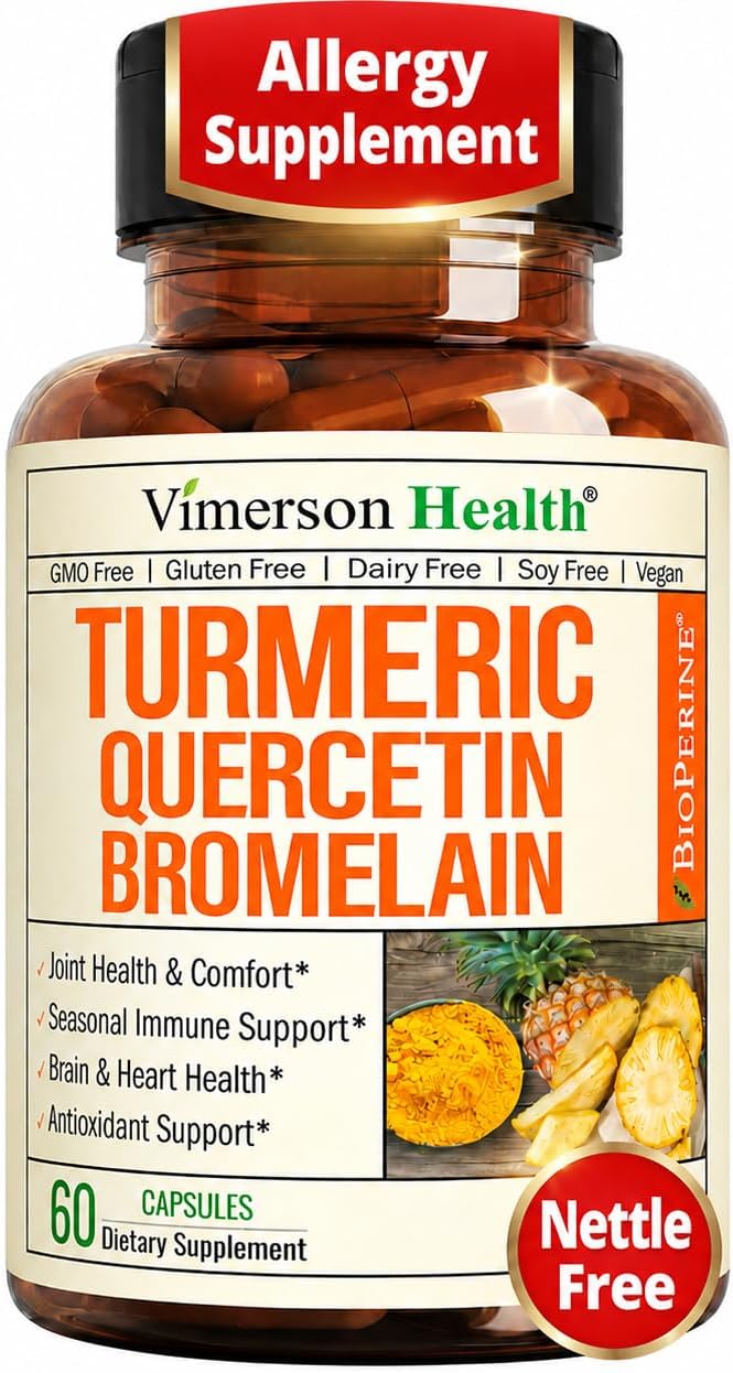 Quercetin with Bromelain Turmeric Curcumin Supplement – Triple Action: Allergy Relief, Inflammation and Joint Support with Organic Tumeric + Bioperine for Max Absorption – 60 Quercetin 500mg Capsules