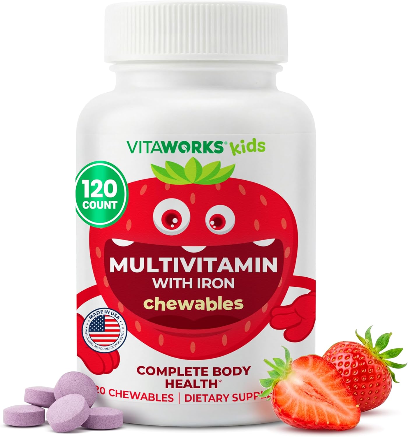 Kids Multivitamin with Iron & Minerals Chewable Tablets - Mixed Fruit Flavor - Vegetarian, GMO-Free, Nut Free - Dietary Supplement - Digestive Support for Children - 120 Chewables