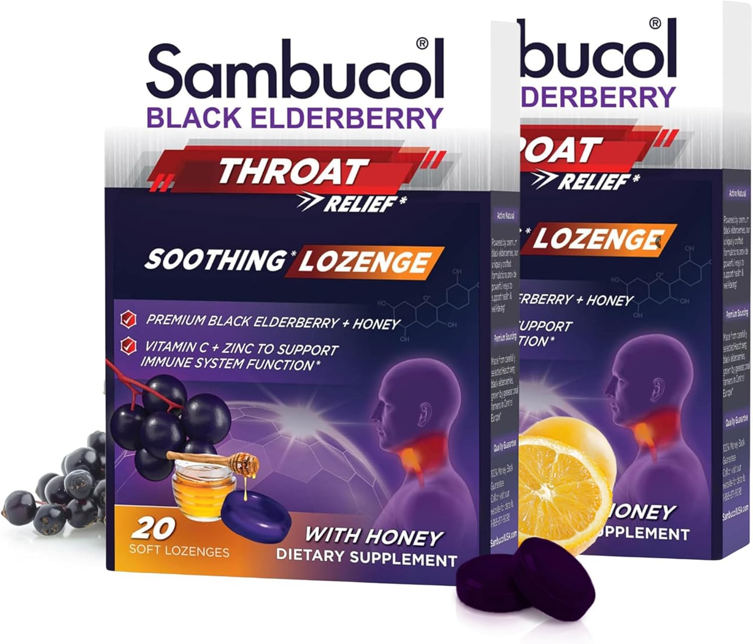 Sambucol Black Elderberry Throat Lozenge - Sore Throat Drops with Black Elderberry, Honey, Vitamin C & Zinc, Sore Throat Relief for Adults & Kids, Soothes Cough, Soft & Chewy - 20 Count, Pack of 2