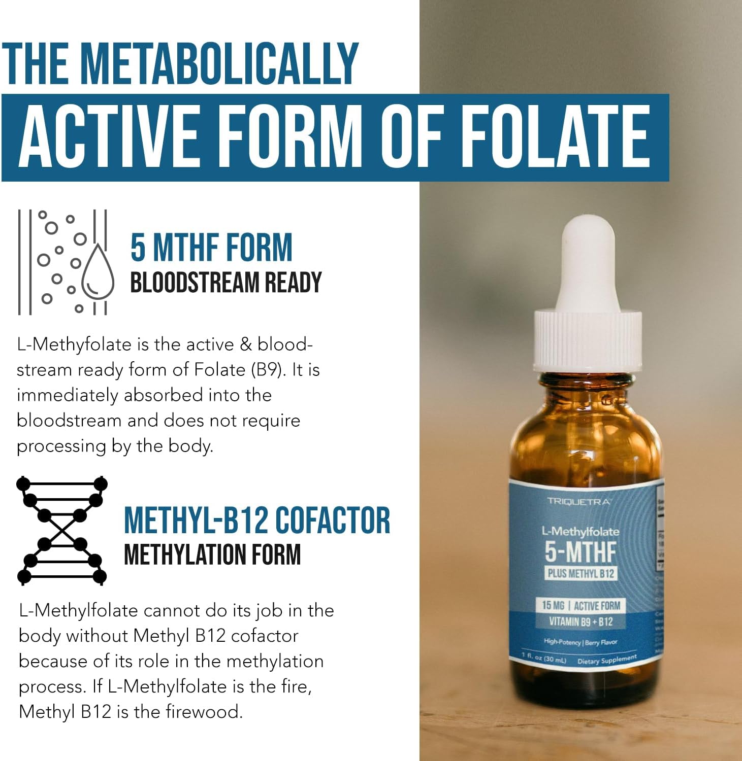 L Methyl Folate 15mg Plus Methyl B12 Cofactor – Organic Berry Flavor, High Potency Liquid Sublingual Active 5-MTHF Form - Supports Mood, Methylation, Cognition – Bioactive Forms Vitamin B9 & B12 (1oz) - Image 5