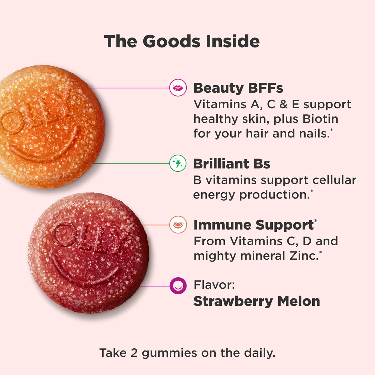 OLLY Teen Girl Multi Gummy, Healthy Skin and Immune Support,* Essential Vitamins, Biotin, Zinc, Chewable Multivitamin, Strawberry Melon Flavored, 50 Day Supply - 100 Count - Image 2