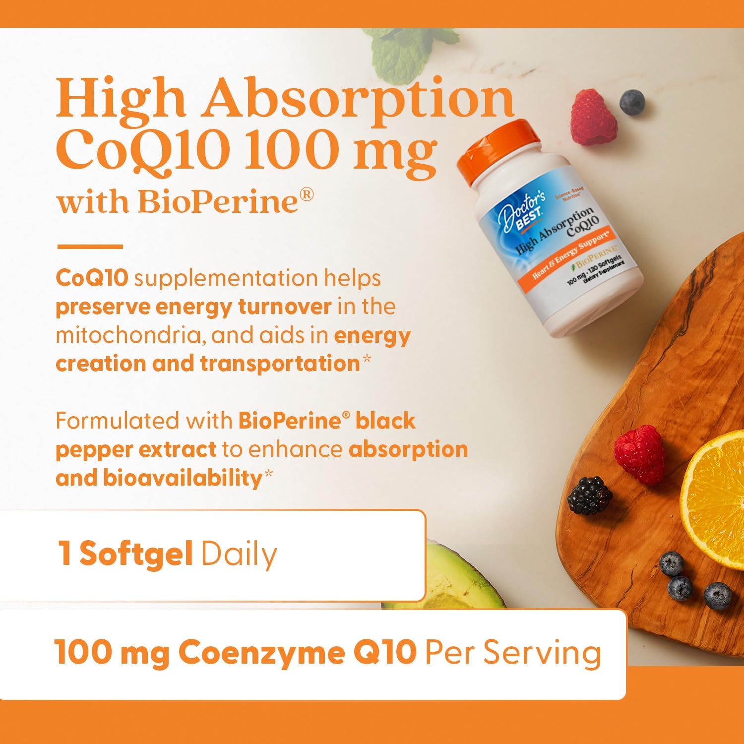 Doctor's Best High Absorption CoQ10 with BioPerine Supplement - Coenzyme Q10 Softgels for Heart Health & Antioxidant Support, Naturally Fermented CoQ10 100mg for Women & Men, Non GMO - 120 Softgels - Image 5