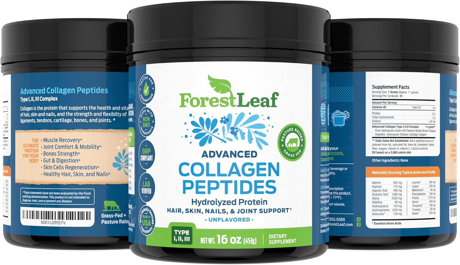 ForestLeaf Collagen Peptides Powder Unflavored - Hydrolyzed Grass Fed Keto Collagen Protein Powder Type 1, 2 & 3 - Vital Hair, Skin, Nails, Joints, Recovery, 11g Per Serving - Image 8