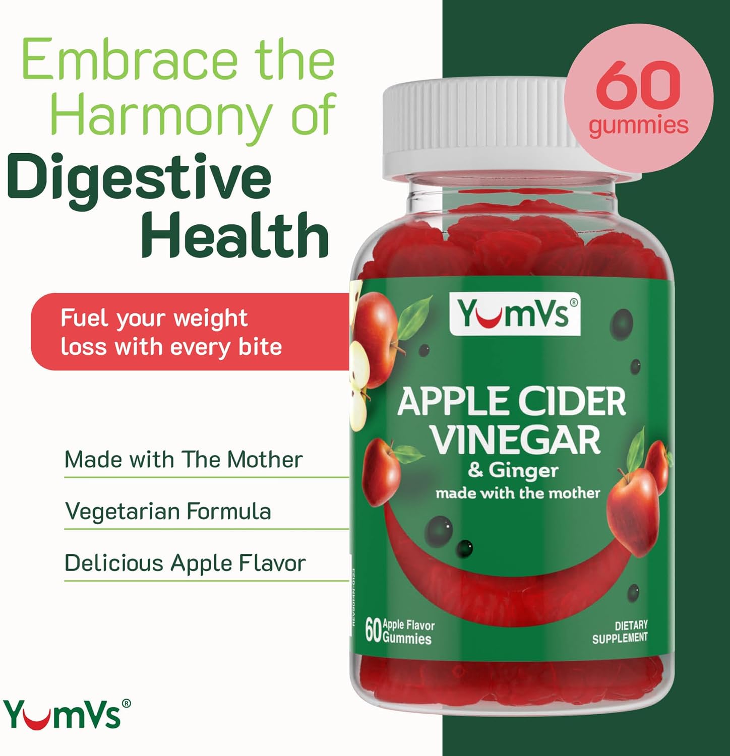 YUM-V'S Apple Cider Vinegar Gummies – ACV Gummies with Ginger & The Mother – Supports Metabolism, Vitality & Daily Wellness – Natural Apple Flavor Vegan, Non-GMO, Gluten-Free, Cider Gummy – 60 Count - Image 2