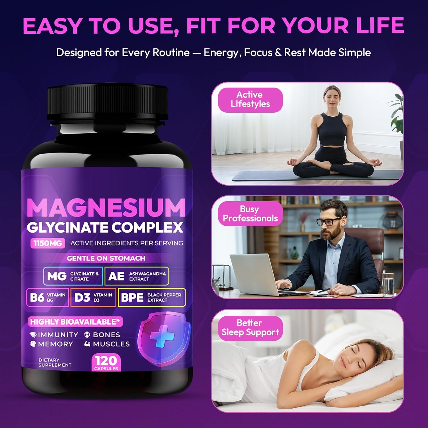 Magnesium Glycinate Complex 1150mg - Gentle on Stomach High Absorption Magnesium Capsules with Citrate, Silica, Ashwagandha & Vitamin B6 for Zzz, Stress Relief, Muscle Support for Adults, Women & Men - Image 6