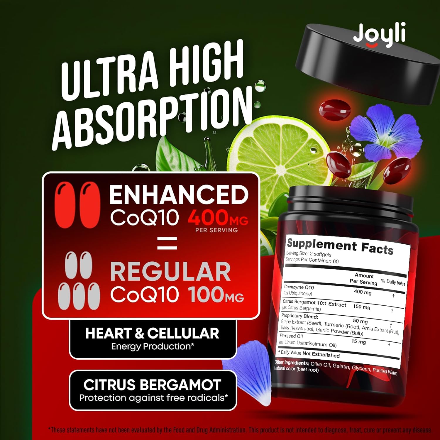 CoQ10 400mg Softgels - High Absorption Co Q10, 400mg Softgels for Heart Health & Energy Production - Enhanced Co Q 10 Supplement with Antioxidants and Flaxseed Oil - CoQ10 400 mg per Serving - Image 2