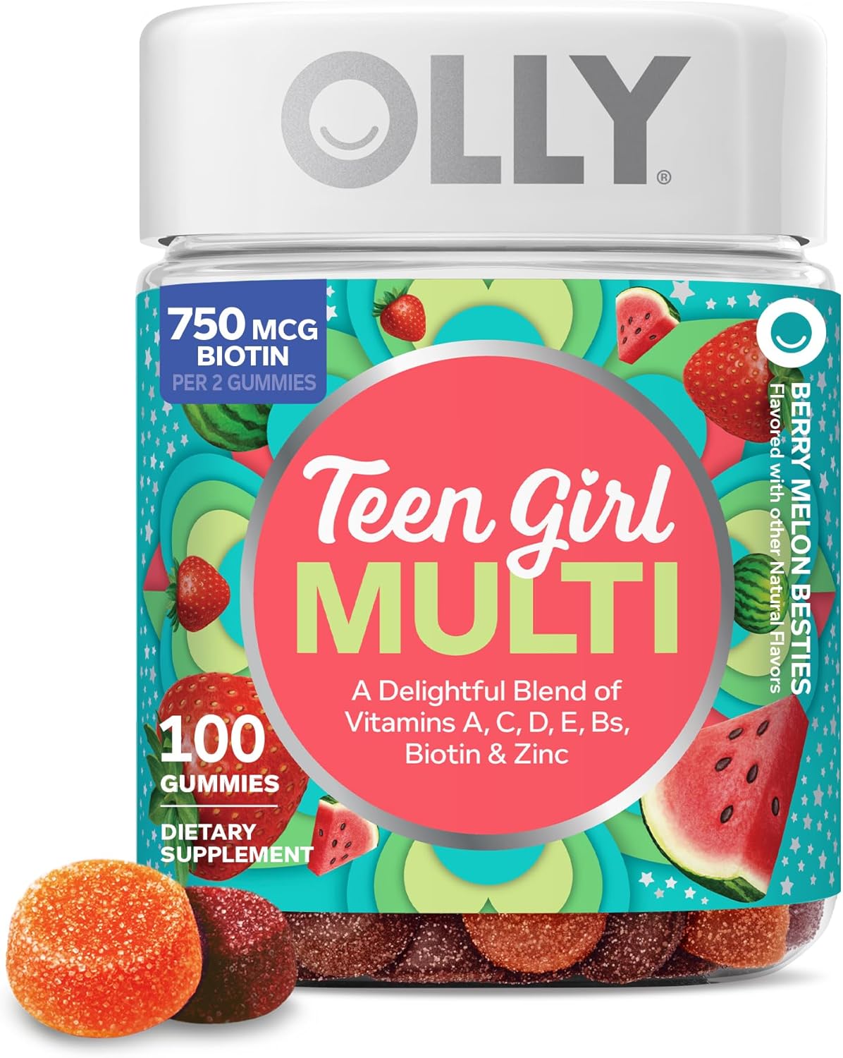 OLLY Teen Girl Multi Gummy, Healthy Skin and Immune Support,* Essential Vitamins, Biotin, Zinc, Chewable Multivitamin, Strawberry Melon Flavored, 50 Day Supply - 100 Count