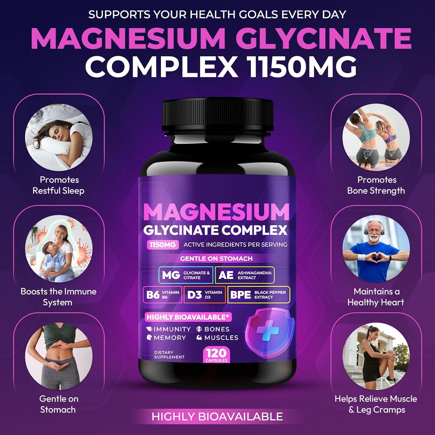 Magnesium Glycinate Complex 1150mg - Gentle on Stomach High Absorption Magnesium Capsules with Citrate, Silica, Ashwagandha & Vitamin B6 for Zzz, Stress Relief, Muscle Support for Adults, Women & Men - Image 2