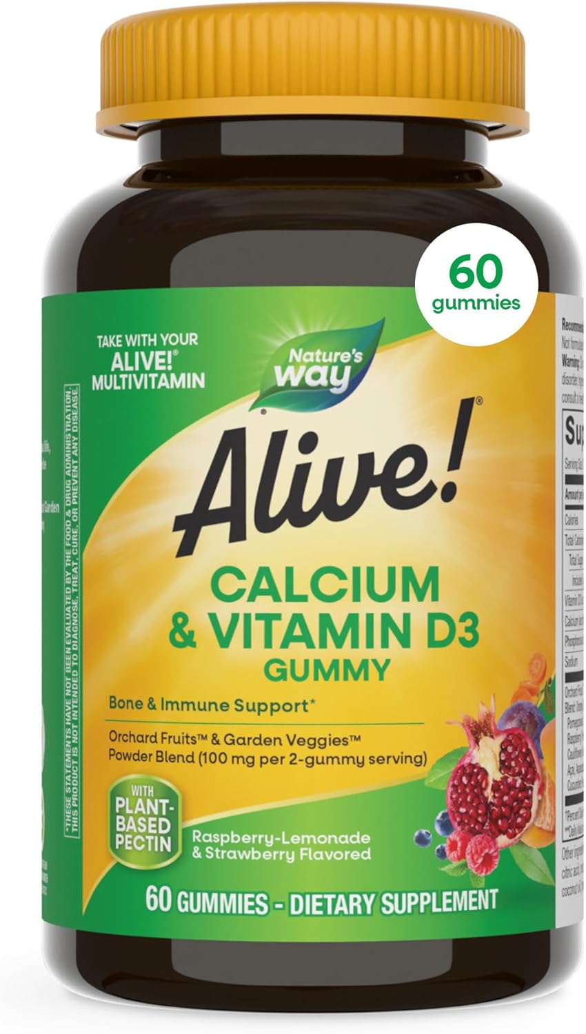 Nature’s Way Alive! Chewable Calcium Gummies with Vitamin D3, Daily Supplement Supports Healthy Bones and Teeth, and Muscle Function*, Strawberry and Raspberry-Lemonade Flavored, 60 Gummies