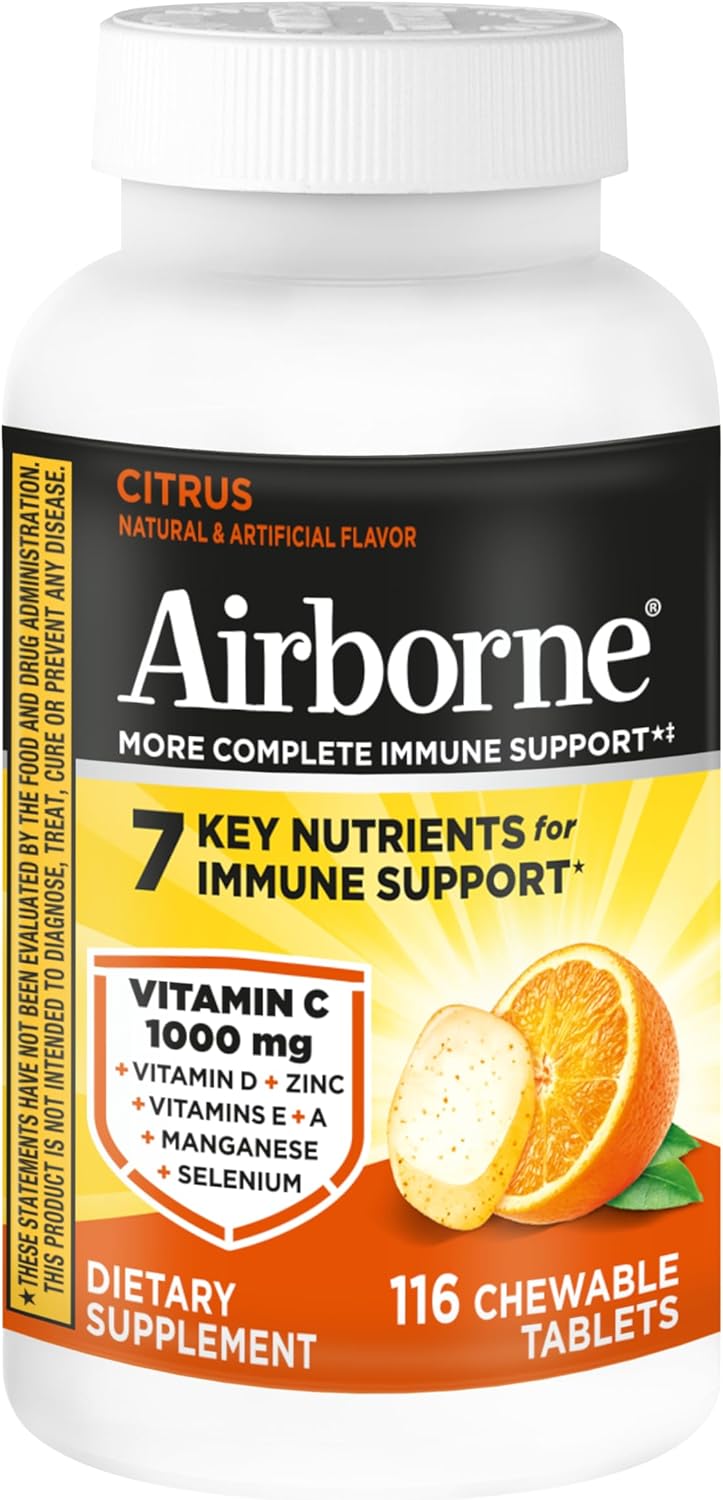 Airborne Citrus Chewable Tablets, 116ct | Immune Support Supplement with 1000mg Vitamin C + Vitamins A, D, E, Zinc,Selenium, & Manganese | Herbal Blend | Gluten Free - Image 9
