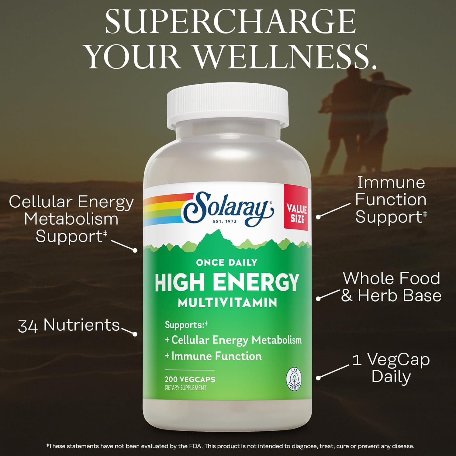 SOLARAY Once Daily High Energy Multivitamin for Women and Men – with Vitamin C, Vitamin D and Whole Food & Herb Base - Cellular Energy Metabolism & Immune Function Support – 200 Servings, 200 VegCap - Image 3