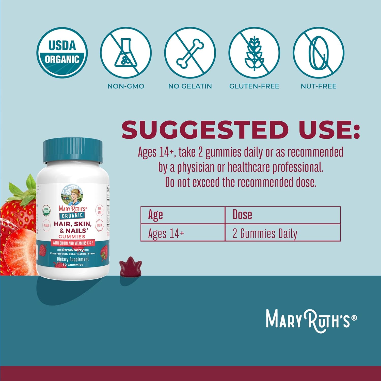 MaryRuth's Hair Skin and Nail Vitamins | USDA Organic | 2500 mcg Biotin Gummies with Vitamin C & Vitamin E | Hair Growth Vitamins | Skin Care | Nail Growth | Ages 14+ | 60 Count - Image 3