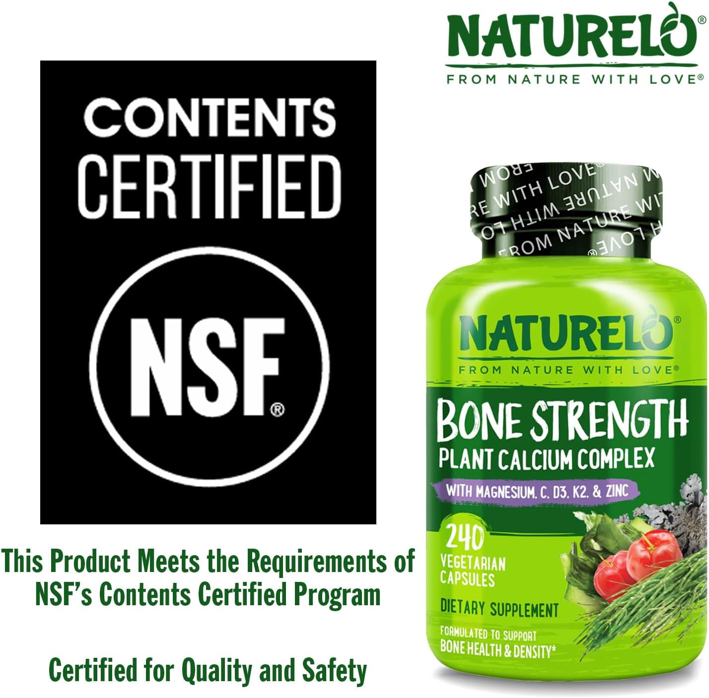 NATURELO Calcium Supplement - with Vitamin C, Vitamin D3, K2, and Calcium Magnesium Zinc for Bone Strength with Calcium 600mg - Plant-Based, 240 Vegetarian Capsules, Non-GMO, Soy & Gluten-Free - Image 5
