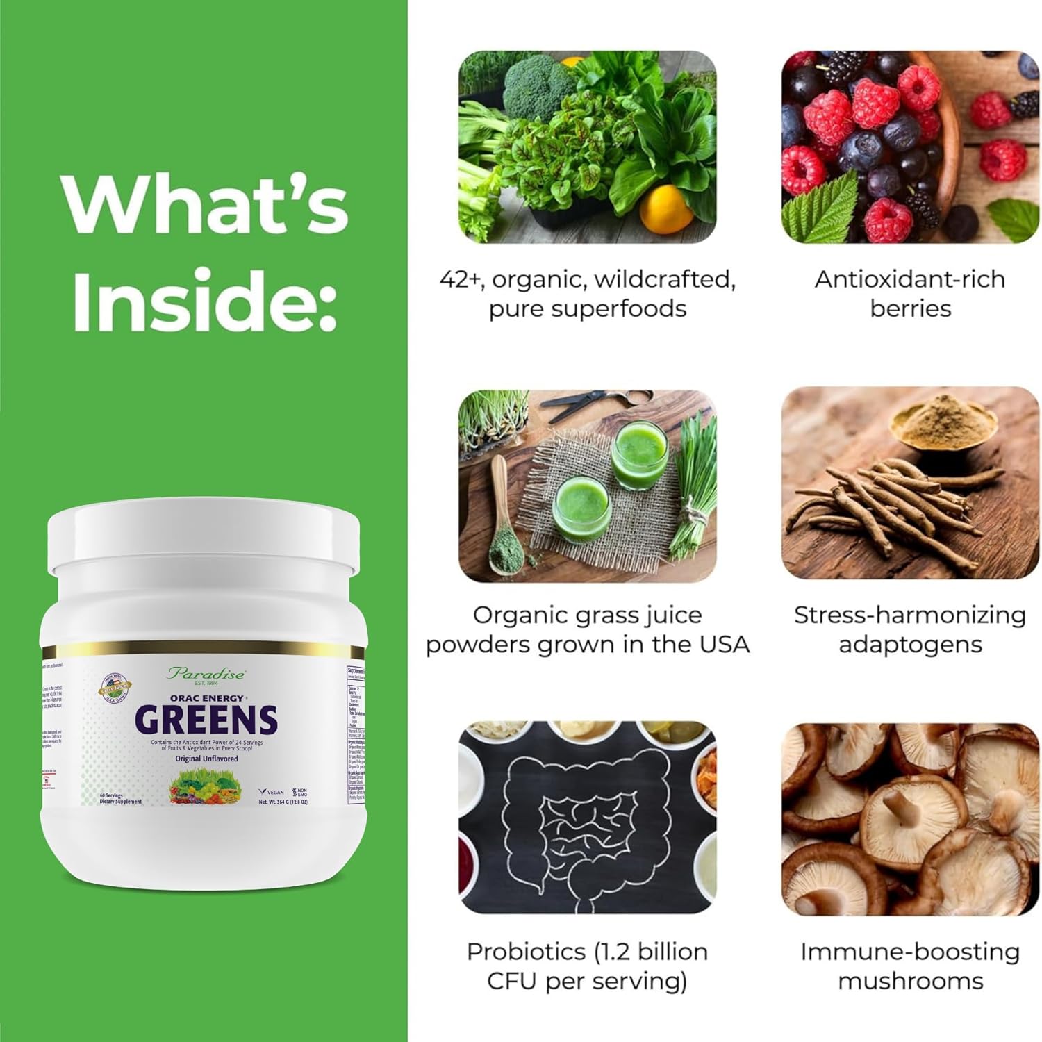 Paradise, ORAC Energy Greens Powder Extract, Super Antioxidants, Probiotics for Gut Health & Digestion, Vitamin C for Immunity, with Spirulina & Chlorella, Non-GMO, Gluten Free, 60 Servings - Image 3