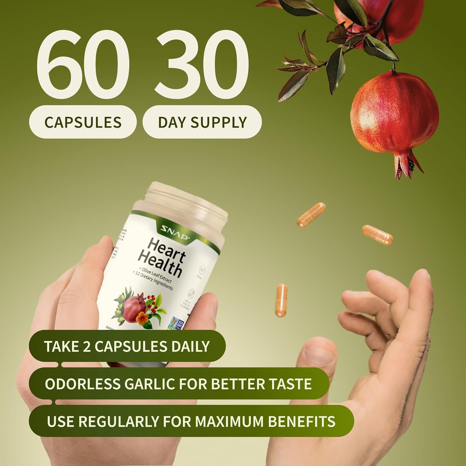 Snap Supplements Heart Health Support Supplement - Botanical Support for Heart Health, Healthy Circulation, and Nitric Oxide Levels, 30-Day Supply, 90 Capsules (Packaging May Vary) - Image 6