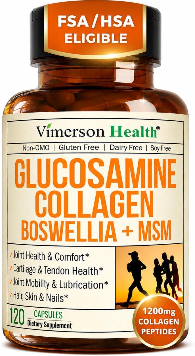 Glucosamine Chondroitin with 1200mg Hydrolyzed Collagen Peptides, Boswellia Extract, Quercetin, Bromelain, MSM – Hair Skin Nails and Joint Supplement for Women & Men – FSA Eligible 120 Capsules