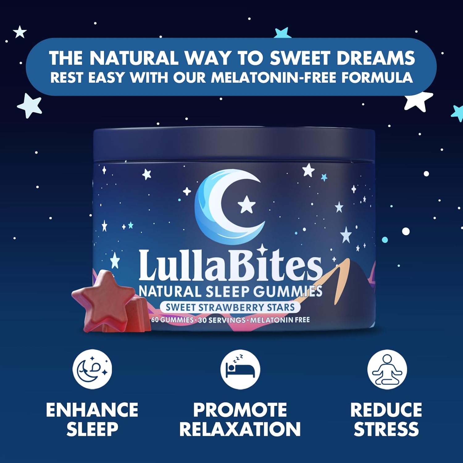 LullaBites - Natural Sleep Gummies - Made in USA - With 5-HTP, L-Theanine, Magnesium & Valerian Root - Melatonin Free - Vegan - Halal - Sugar, Gluten Free - Sweet Strawberry - 60 Gummies - 30 Servings - Image 2