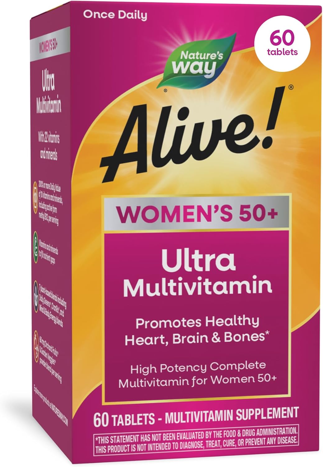 Nature's Way Alive! Ultra Potency Multivitamin for Women 50 Plus, Complete High Potency Formula with Vitamin D3, C, E, Methylated B12, Supports, Heart, Brain, and Bone Health*, 60 Tablets