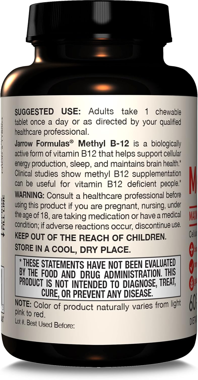 Jarrow Formulas Methyl Vitamin B12 5000 mcg - 60 Chewable Tablets, Naturally Fruit Flavored- Bioactive B12 Vitamin - Supports Cellular Energy Production, Brain Health & Metabolism - 60 Servings - Image 9