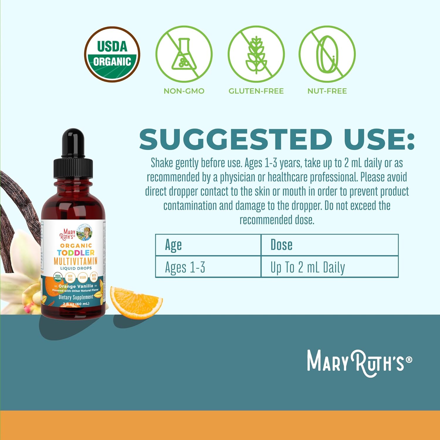 MARYRUTH'S Organics Multivitamin & Multimineral with Iron for Toddlers | USDA Organic | Sugar Free | Multivitamin Liquid Drops for Kids Ages 1-3 | Immune Support | Vegan | Non-GMO | 2 Fl Oz - Image 3