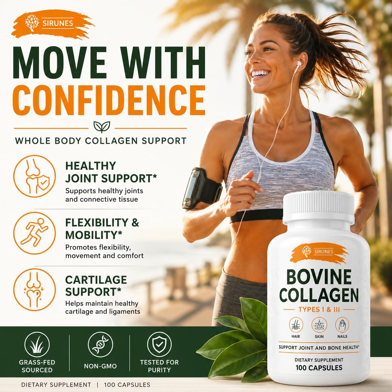 SIRUNES Bovine Collagen Supplements for Men and Women I Hydrolyzed Grass Fed Bovine Collagen Peptides Dietary Supplement for Joint, Nerve & Bone Support - Non-GMO, Anti-Aging - 100 Capsules - Image 6