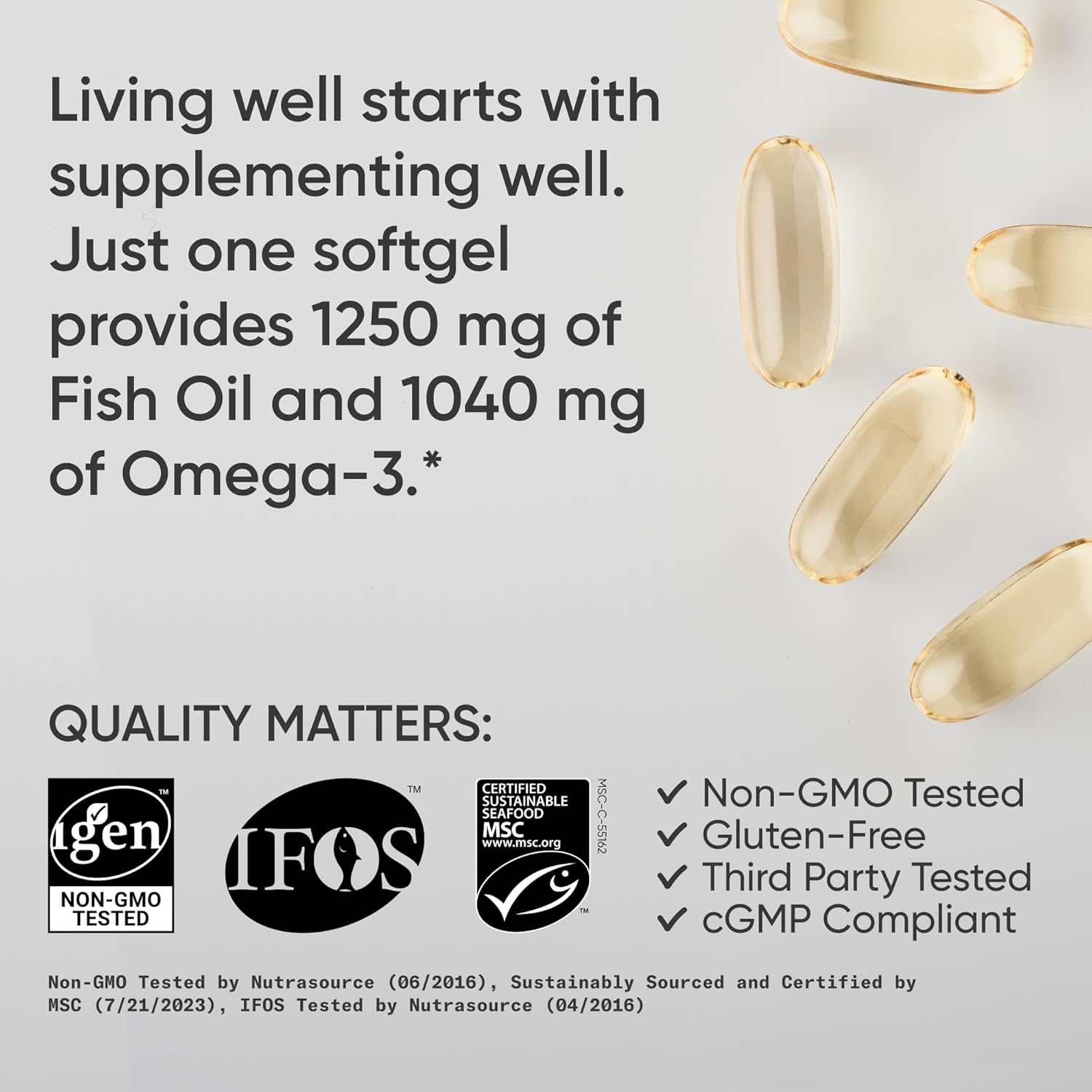 Sports Research® Omega-3 Fish Oil 1250 - Triple Strength Fish Oil Supplement from Wild Alaska Pollock - MSC Certified Sustainable · Non-GMO · Soy Free - 180 Softgel Capsules - Image 4