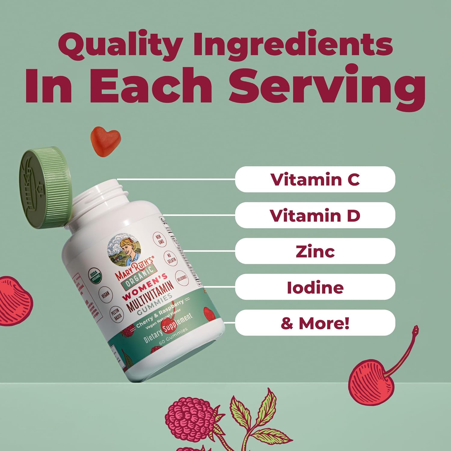 MARYRUTH'S Multivitamin Gummies for Women Ages 14+ | Immune Support | Hair & Skin Health | Reproductive Health | Vitamin A C D E B6 B12 Biotin Zinc Iodine | Organic | Vegan | Non-GMO | 60 Count - Image 6