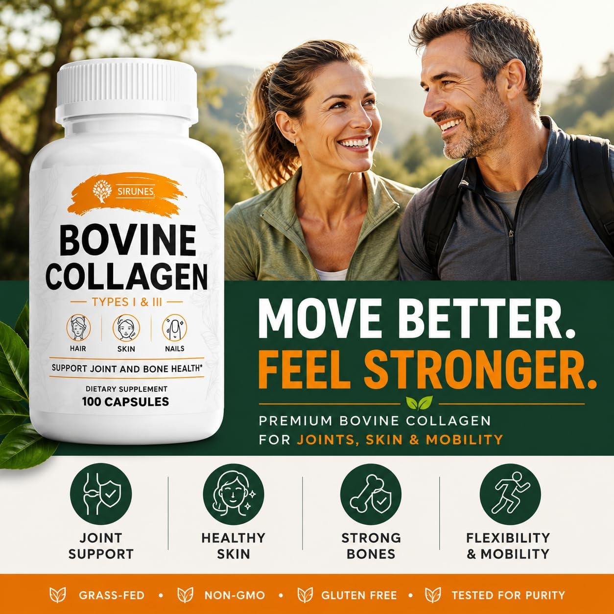 SIRUNES Bovine Collagen Supplements for Men and Women I Hydrolyzed Grass Fed Bovine Collagen Peptides Dietary Supplement for Joint, Nerve & Bone Support - Non-GMO, Anti-Aging - 100 Capsules - Image 2