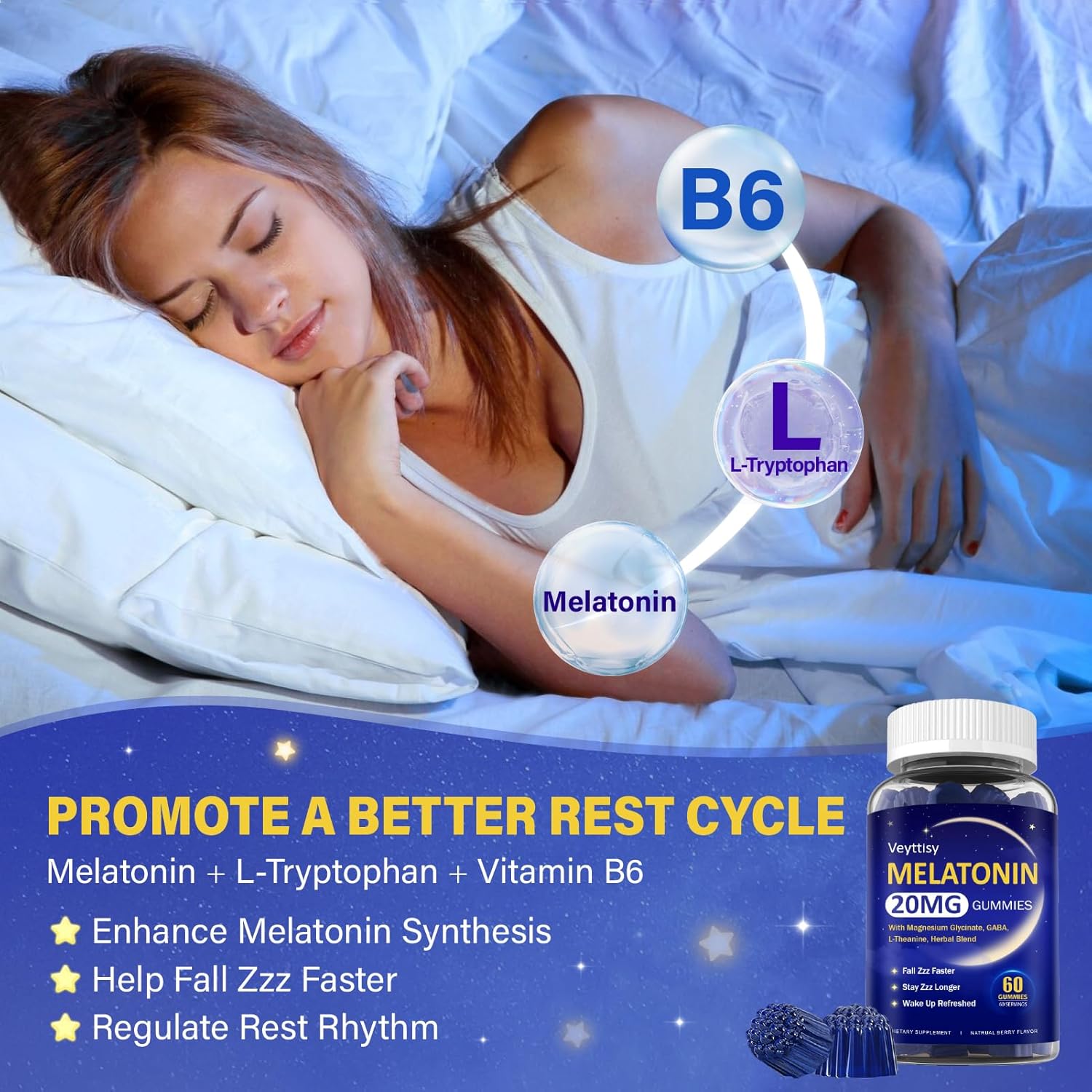 Melatonin 20mg Gummies for Adults - Max Strength Melatonin Gummy Supplement with Magnesium Glycinate, B6, B12, L-Theanine, GABA, & Herbs - Non-Habit Forming, Vegan, Natural Mixed Berry Flavor - Image 3